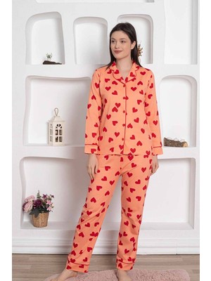 Farya Home Dreamy Pamuklu Biyeli Kalp Desenli Uzun Kollu Cepli Gömlek Pijama Takımı