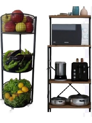 Piramit Dekor Tekarlekli 3 Katlı Metal Sebzelik Portatif Sebze Meyve Bakliyat Sepeti