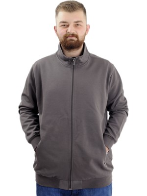 ModeXL  Büyük Beden Erkek Hırka Fermuarlı Stell Dik Yaka 20571 Füme