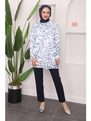 Mavi Desenli Moss Krep Gömlek