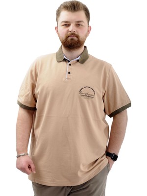 ModeXL  Büyük Beden Erkek Tişört Polo Yaka Nakışlı Los Angeles U24331 Bej