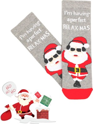 Bonapart Özel Koleksiyon Unisex Yılbaşı Noel Merry Christmas Happy Relax Mas Grey Soket Çorap