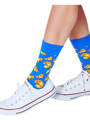 Happy Socks Ithal Özel Seri Unisex Happy Socks Pizza Blue Renkli Soket Çorap Dikişsiz