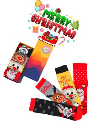 Bonapart Özel Kutulu 4 Çift Unisex Yılbaşı Merry Christmas Noel Renkli Çorap Seti