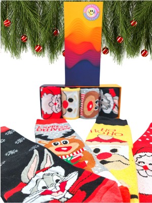 Bonapart Özel Kutulu 4 Çift Unisex Yılbaşı Merry Christmas Noel Renkli Çorap Seti