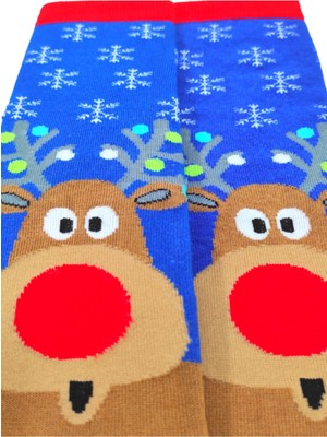 Bonapart Özel Koleksiyon Unisex Yılbaşı Noel Merry Christmas Happy Blue Deer Soket Çorap