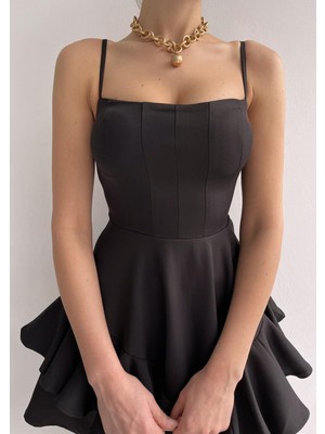 Zishan Fashion Ince Askılı Sarı Elbise Siyah Mezuniyet Elbisesi 102