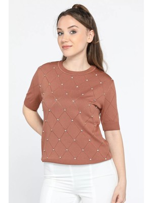 Julude Kahve Kendinden Desenli Taşlı Kadın Bluz P-00011142