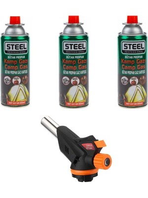 Steel Profesyonel - 3 Adet 400 ml  Kamp Gazı - 1 Adet Profesyonel Pürmüz Çakmak