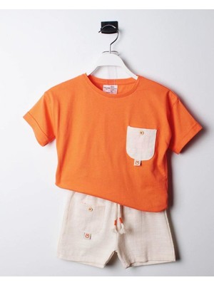 Miniğimin Cicileri Bear Keten Cepli Erkek Çocuk Takım - Turuncu