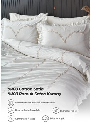 Evlen Home Collection Nakışlı Pamuk Saten Fırfırlı Nevresim Takımı Çift Kişilik 6 Parça Armi