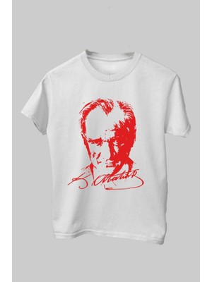 Çapıt %100 Pamuk Standart Kesim Sıfır Yaka Kısa Kollu Kırmızı Atatürk Baskılı Beyaz 23 Nisan Çocuk Tişört
