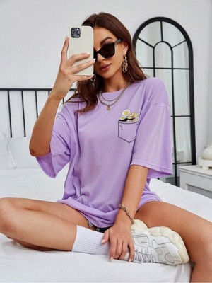 Woodroffe Kadın Cep Çiçek Baskılı Bisiklet Yaka Salaş Oversize Boyfriend Kırmızı, Saks, Lila T-Shirt