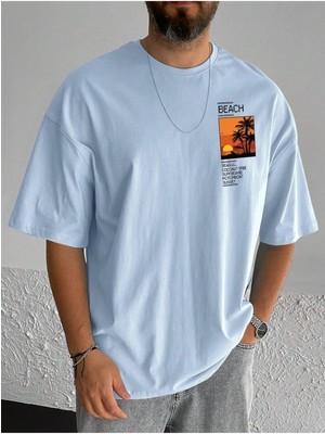 Woodroffe Erkek Beach Baskılı Bisiklet Yaka Salaş Oversize Boyfriend Beyaz, Mavi, Siyahi Kahverengi T-Shirt