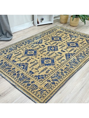 My Home Moretti Afgan Desenli Altın Lacivert Yıkanabilir Salon Koridor Halısı