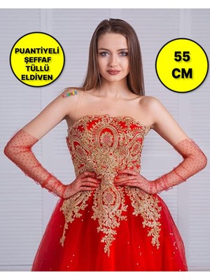 Toyfest Uzun Boy Kırmızı Puantiyeli Kırmızı Renk Yetişkin Tül Eldiven 55 cm