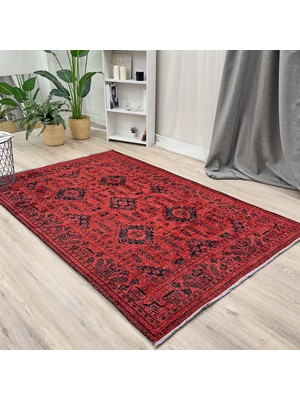 My Home Moretti Afgan Desenli Kırmızı Siyah Yıkanabilir Salon Koridor Halısı