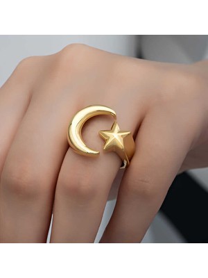 Himarry 925 Ayar Gümüş Gold Ay Yıldız Kadın Yüzük