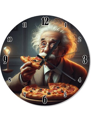 Tablomega Albert Einstein Pizza Temalı Özel Tasarım Duvar Saati Duvar Saati