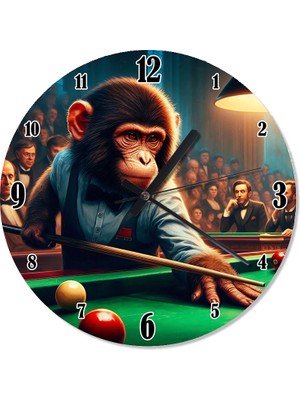Tablomega Bilardo Oynayan Takım Elbiseli Maymun Şekilli Duvar Saati