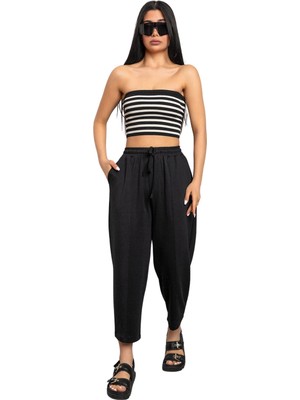 Ultra Yumuşak, Dikiş Detaylı Havuç Kesim Bağcıklı Lastikli Bilek Boy Kadın Modal Pantolon @malaga