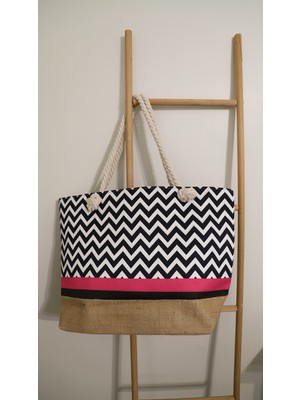 AQUATOLIA Kadın Siyah Zigzag - Fermuarlı- 50*35 Cm- Plaj Çantası