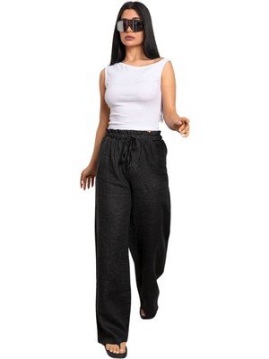 Domoda Keten Geniş Paça Bol Kesim Bağcıklı Lastikli Kadın Pantolon @leon