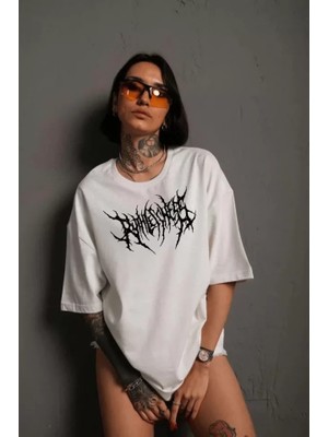 Pupool  Unisex Bisiklet Yaka Baskılı Oversize T-Shirt - Beyaz