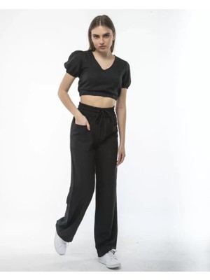 Pupool  Kadin Keten Pantalon ve Crop Takım - Siyah