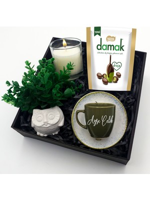 As Gift Kişiye Özel Haki Renkli Fincan & Yapay Baykuş Saksı & Bardak Mum & Damak Draje Hediye Seti