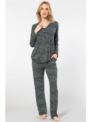 Türen 3382 Kadın Çiçekli Uzun Kollu Patlı Pijama Takımı-Yeşil
