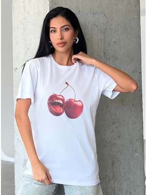 Blah Kiraz Baskılı Yapay Zeka Tasarımı Penye Oversize %100 Pamuk Kadın T-Shirt