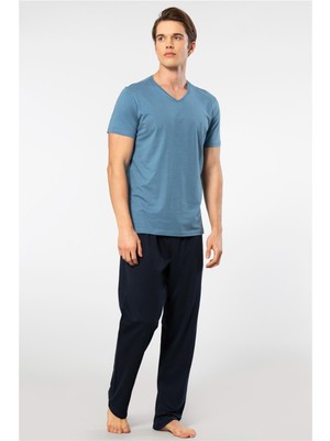Cacharel 2192 Erkek Kısa Kollu V Yaka Pijama Takımı-Indigo