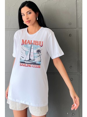 Blah Malibu Baskılı Yapay Zeka Tasarımı Ekolojik Penye Oversize %100 Pamuk Kadın T-Shirt