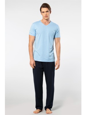 Cacharel 2192 Erkek Kısa Kollu V Yaka Pijama Takımı-Mavi