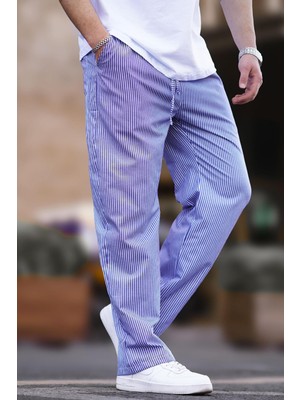 Madmext Lacivert Beli Ayarlanabilir Bol Paça Dökümlü Çizgili Pantolon 6541