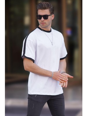 Madmext Erkek Beyaz Oversize Şerit Detaylı Basic Tişört 7023