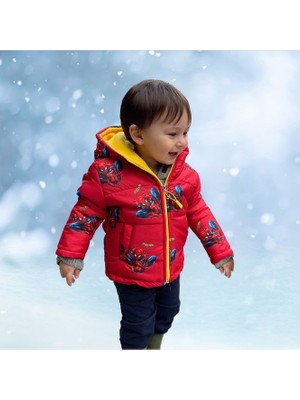 Sedirli Şişme Unisex Çocuk Montu Içi Polarlı Kalın Su Geçirmez Kapüşonlu Baskılı Kışlık Şişme Mont