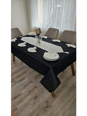 Zesa Home Colber Çizgi Detaylı Masa Örtüsü (Siyah-Krem) 12 Kişilik 26 Parça - Masa 160X220...160X400