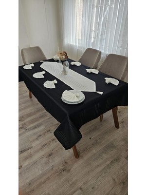 Zesa Home Colber Çizgi Detaylı Masa Örtüsü (Siyah-Krem) 12 Kişilik 26 Parça - Masa 160X220...160X400