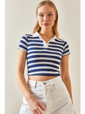 bleu petite Polo Yaka Çizgili Kaşkorse Crop Bluz