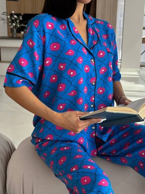 Bie's Kadın Desenli Gömlek Yaka Cep Detaylı Kısa Kol Dokuma Viskon Pijama Takımı