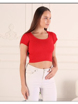 bleu petite Likralı Kaşkorse Yuvarlak Yaka Crop