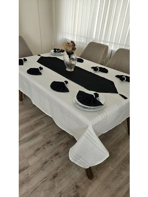 Zesa Home Colber Çizgi Detaylı Masa Örtüsü (Krem-Siyah) 12 Kişilik 26 Parça - Masa 160X220...160X400