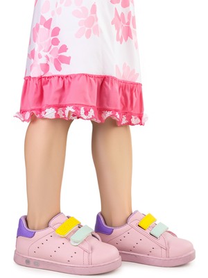 Kiko Kids Spor Ayakkabı Kız Çocuk Cırtlı Işıklı Suni Deri Düz Taban 24 Numaralı