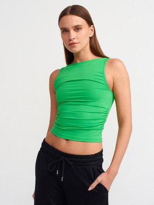 Dilvin 20827 Büzgülü Kolsuz Top-Yeşil