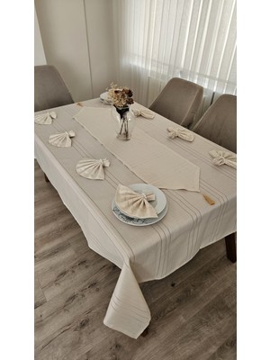 Zesa Home Colber Çizgi Detaylı Masa Örtüsü Cappucino 12 Kişilik 26 Parça - Masa 160X220...160X400