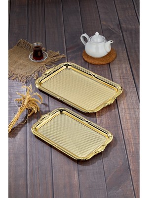 Metal Lüks Dikdörtgen 2 Li Metal Gold Renk Sunum Tepsi Seti