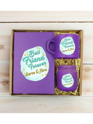 Bk Gift Kişiye Özel Isimli Dtf Best Friend Temalı Mor Defter & Kahve Fincanı & Mum Hediye Seti-2, Arkadaşa Hediye, Doğum Günü Hediyesi