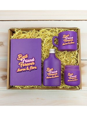 Bk Gift Kişiye Özel Isimli Dtf Best Friend Temalı Mor Defter & Kahve Fincanı & Kolonya & Mum Hediye Seti-3, Arkadaşa Hediye, Doğum Günü Hediyesi